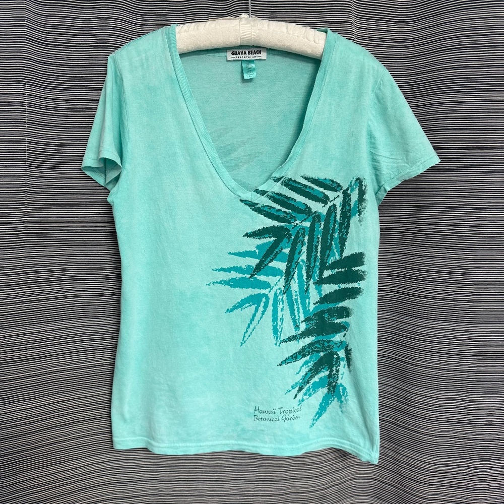 Guava Beach Teal Palm Print V-Neck Short Sleeve Tee Size XL
